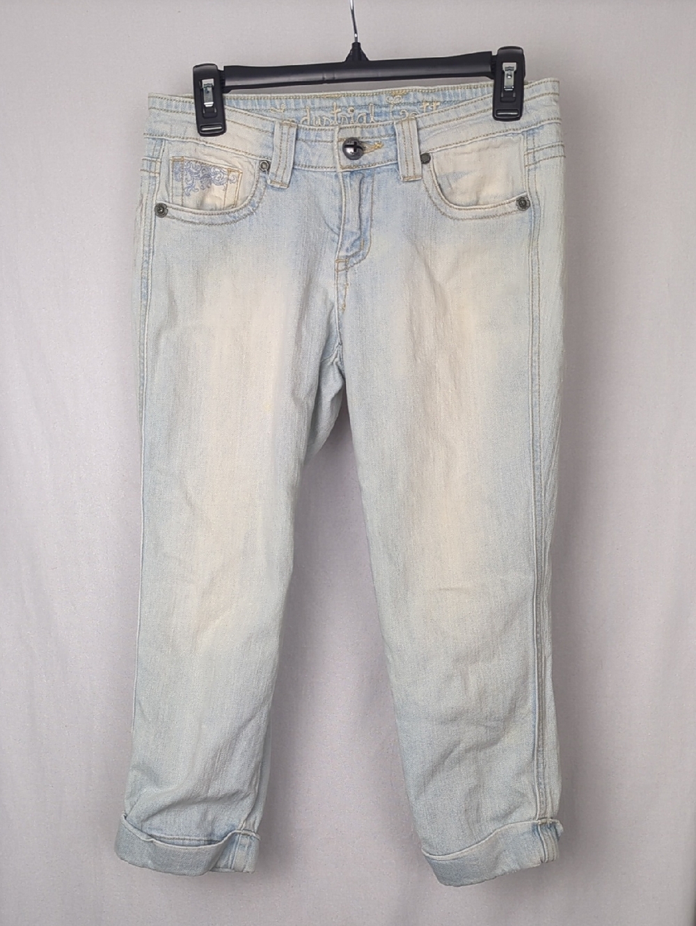 VINTAGE 90s Y2K Denim Capris Junior Size 7 Industrial Cotton Light Wash